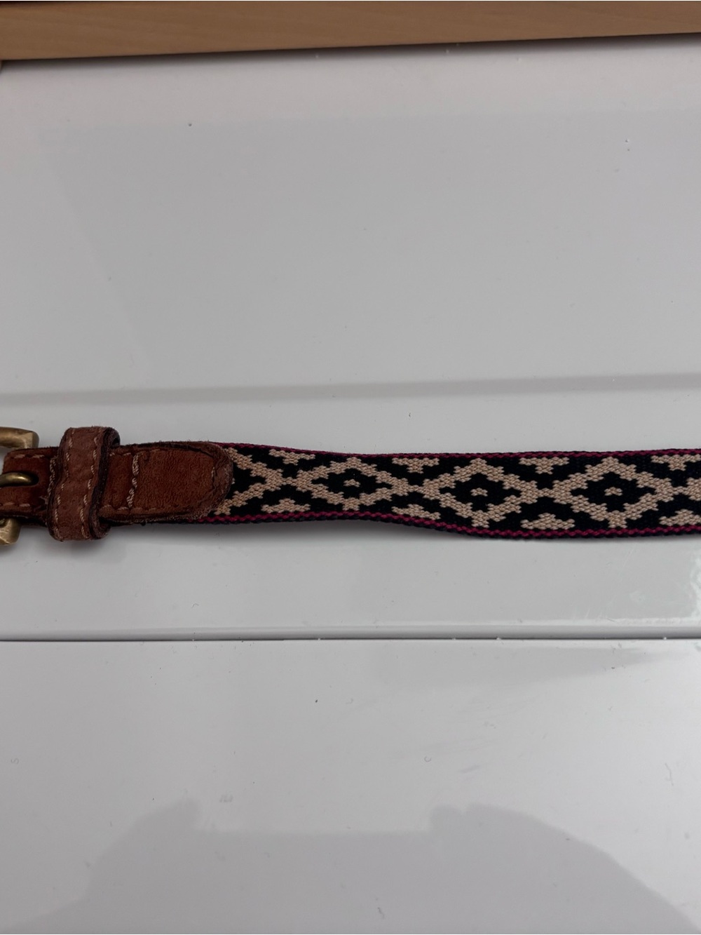 Argentine Arandu Woven Geometric Pattern Brown Leather Trim Belt size 70 cm